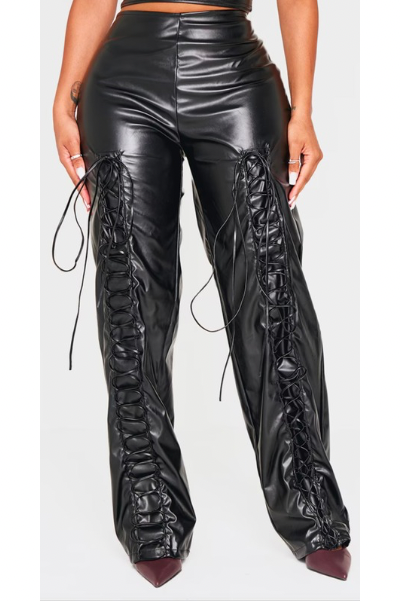 Black Lace Up Faux Leather Pants
