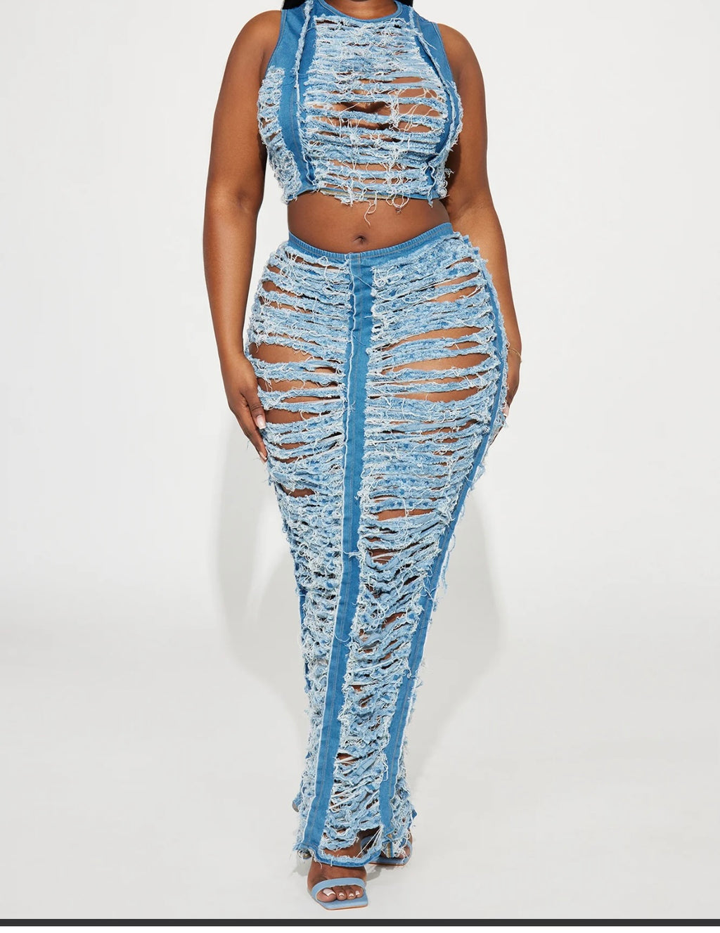 Ripped Denim Two Piece Set