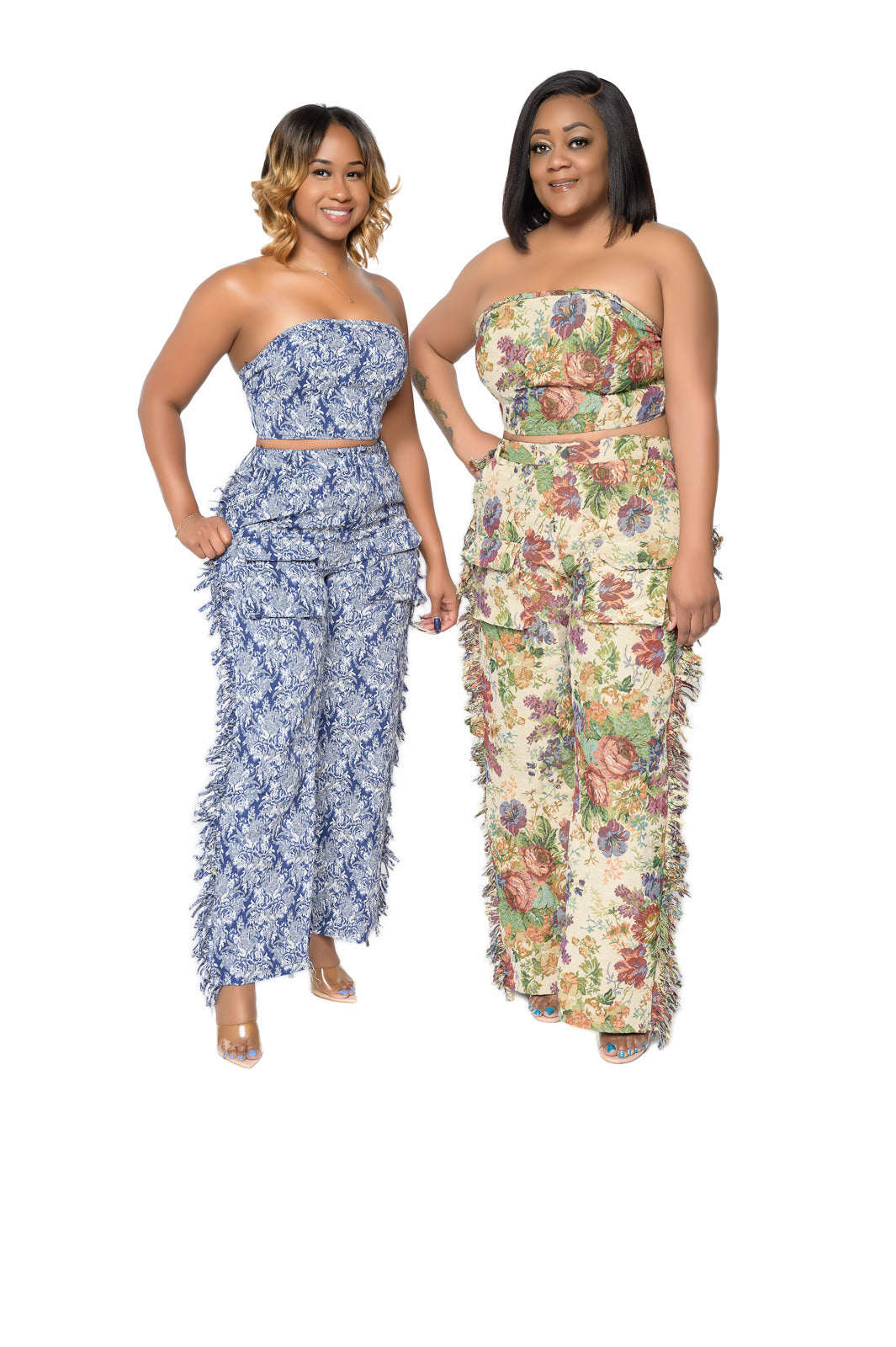 Two Piece Tapestry Set Bandeau Top and Pants with Fringes