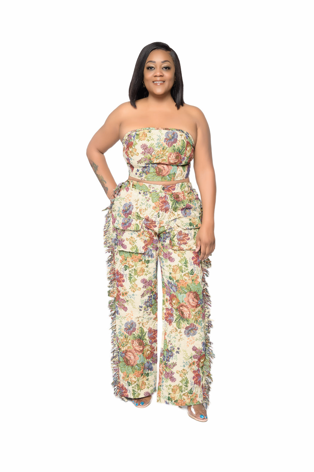 Two Piece Tapestry Set Bandeau Top and Pants with Fringes